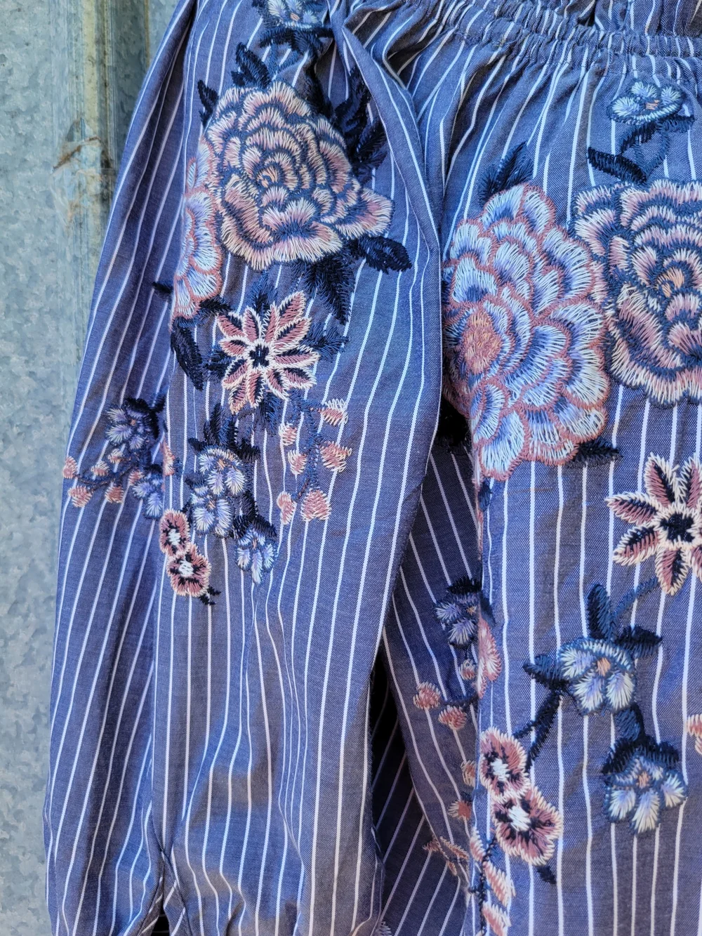 American Eagle Outfitters Navy Striped Floral Embroidered Off-Shoulder Blouse